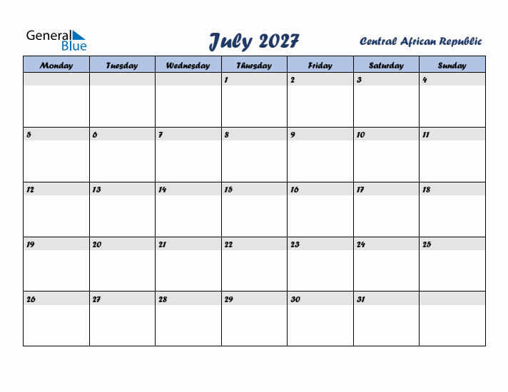 July 2027 Calendar with Holidays in Central African Republic