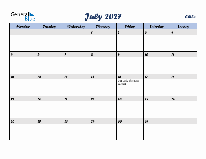 July 2027 Calendar with Holidays in Chile