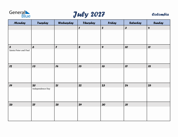 July 2027 Calendar with Holidays in Colombia