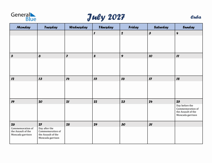 July 2027 Calendar with Holidays in Cuba