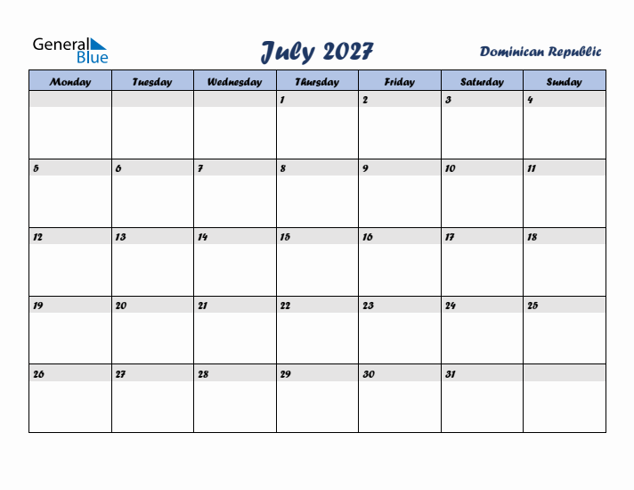 July 2027 Calendar with Holidays in Dominican Republic