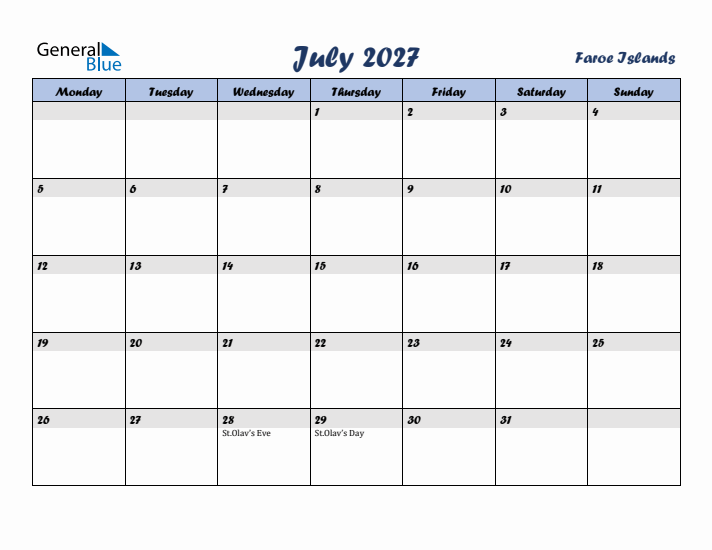 July 2027 Calendar with Holidays in Faroe Islands