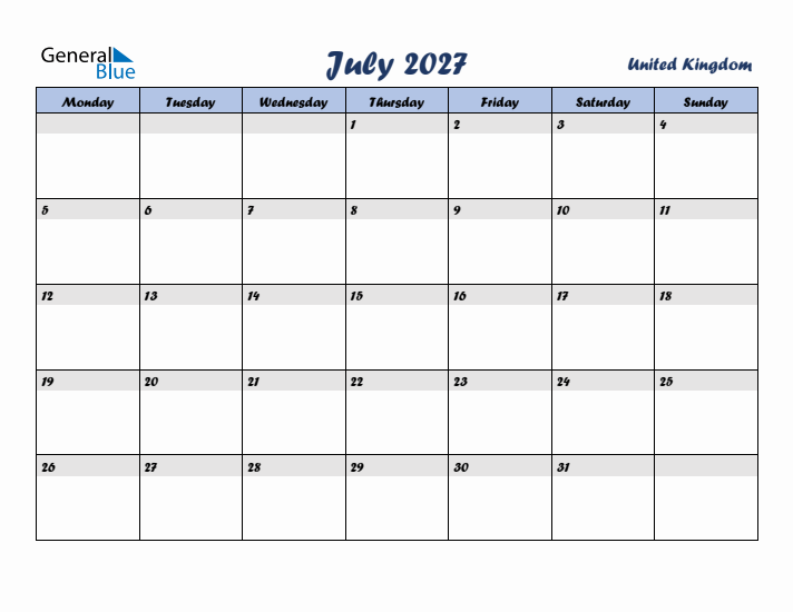 July 2027 Calendar with Holidays in United Kingdom