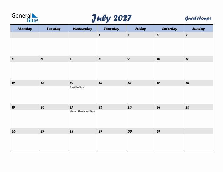 July 2027 Calendar with Holidays in Guadeloupe