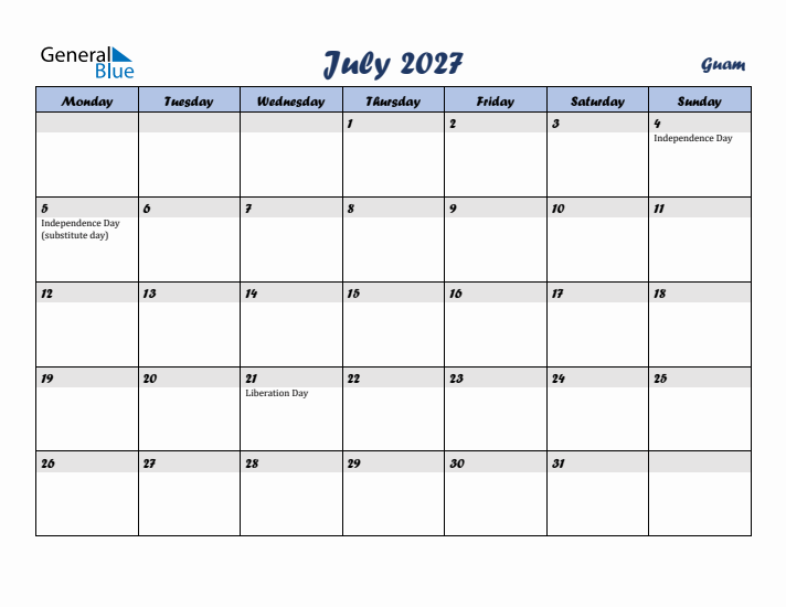 July 2027 Calendar with Holidays in Guam