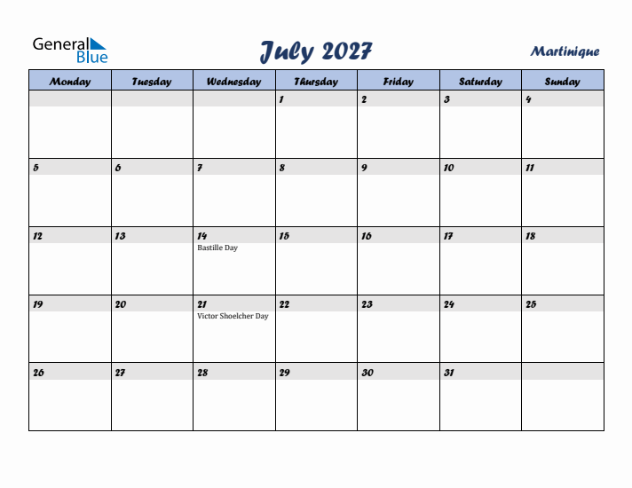 July 2027 Calendar with Holidays in Martinique