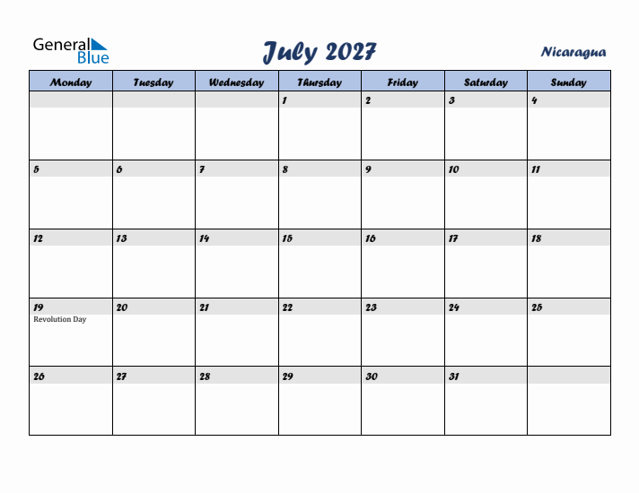 July 2027 Calendar with Holidays in Nicaragua