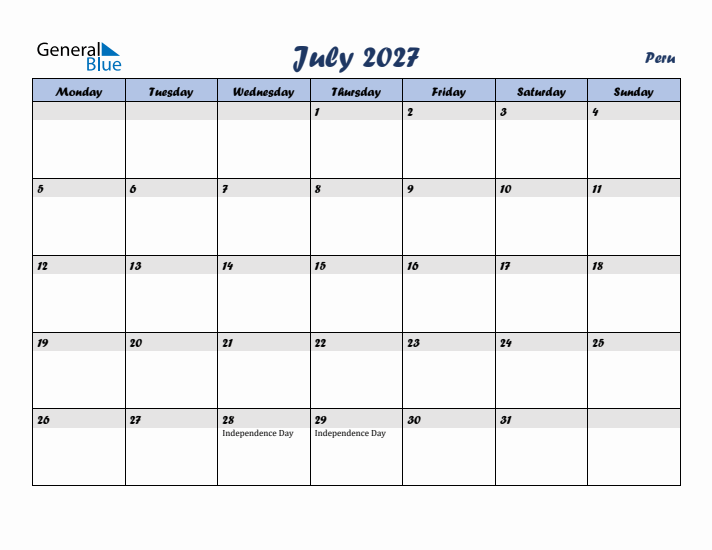 July 2027 Calendar with Holidays in Peru
