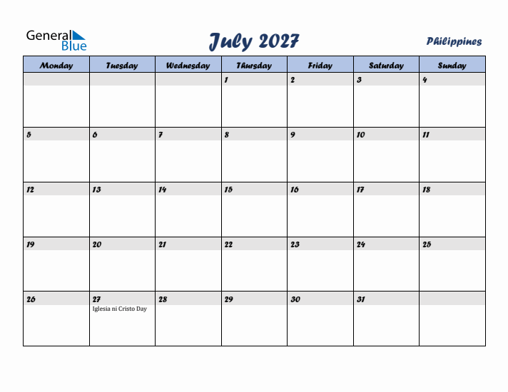 July 2027 Calendar with Holidays in Philippines