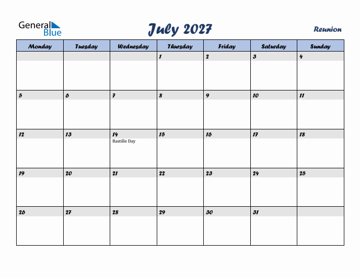 July 2027 Calendar with Holidays in Reunion
