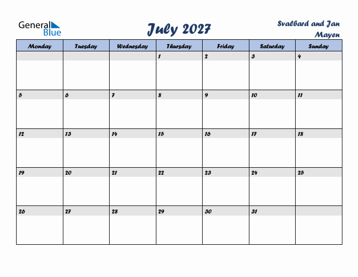 July 2027 Calendar with Holidays in Svalbard and Jan Mayen