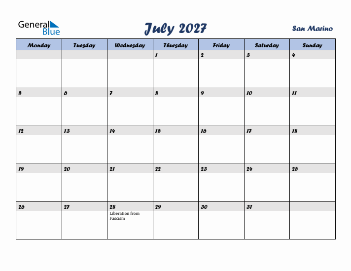 July 2027 Calendar with Holidays in San Marino