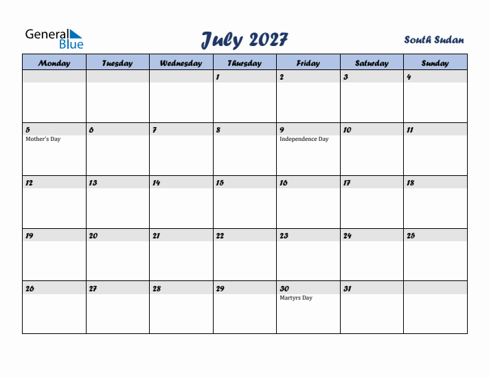 July 2027 Calendar with Holidays in South Sudan