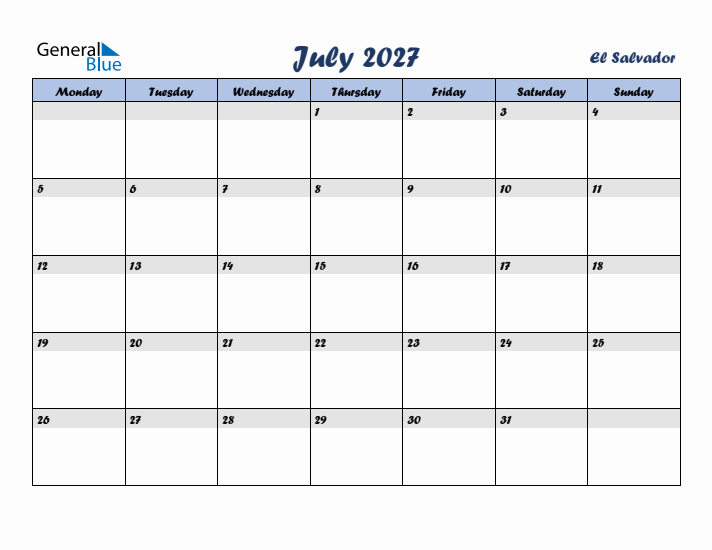 July 2027 Calendar with Holidays in El Salvador