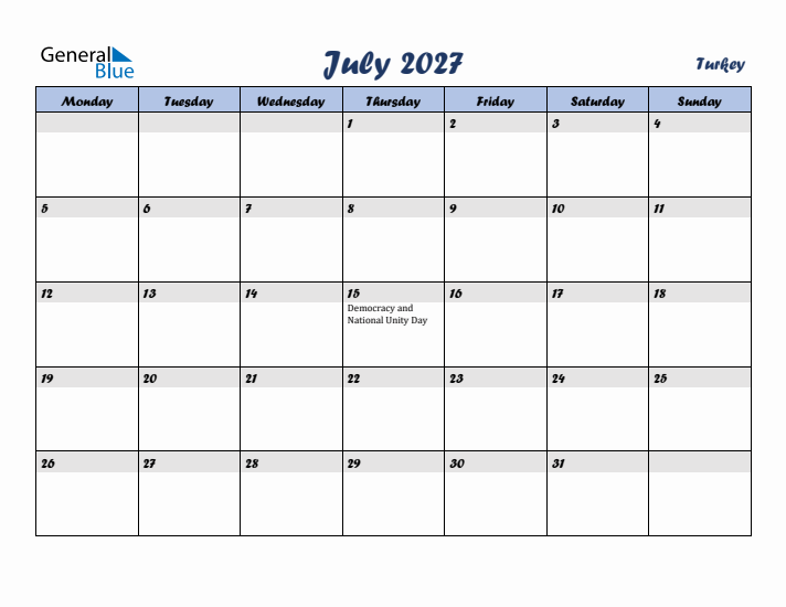 July 2027 Calendar with Holidays in Turkey