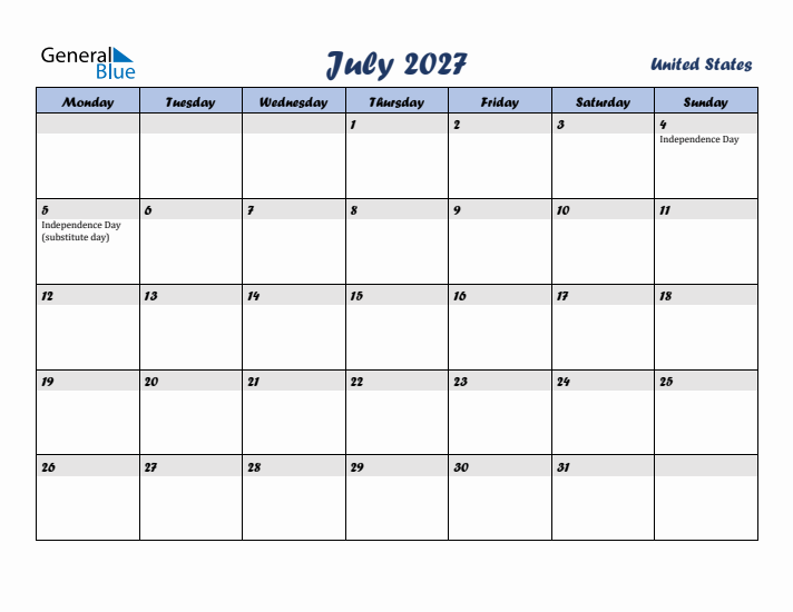 July 2027 Calendar with Holidays in United States