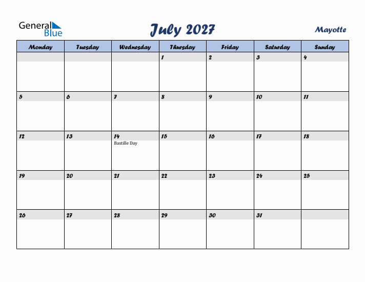 July 2027 Calendar with Holidays in Mayotte