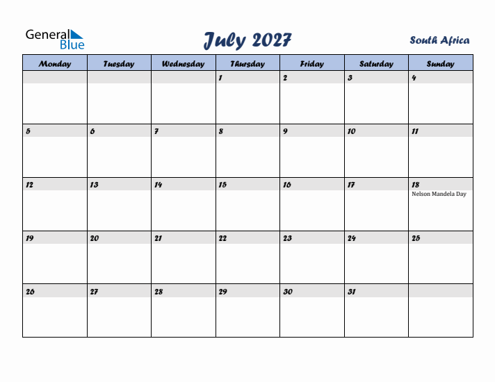 July 2027 Calendar with Holidays in South Africa
