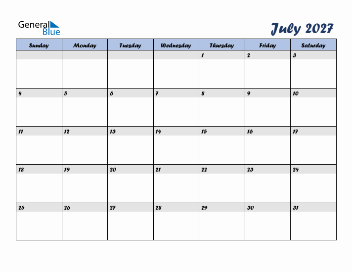 July 2027 Blue Calendar (Sunday Start)