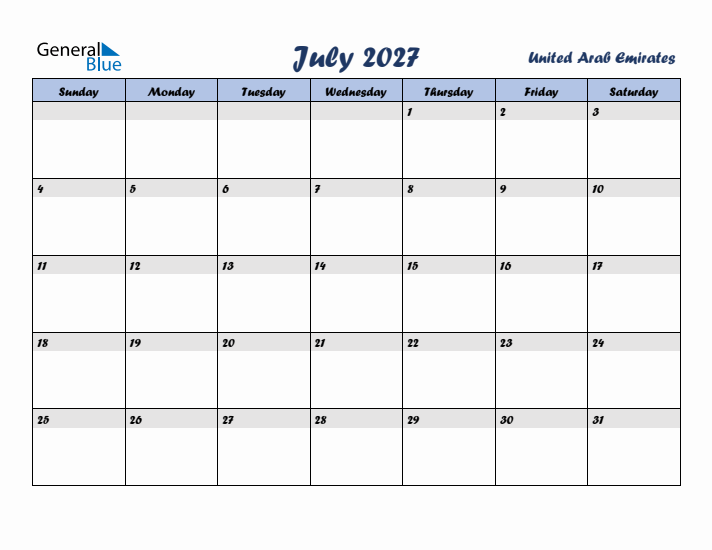July 2027 Calendar with Holidays in United Arab Emirates