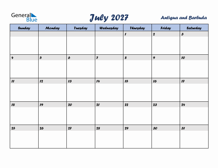 July 2027 Calendar with Holidays in Antigua and Barbuda