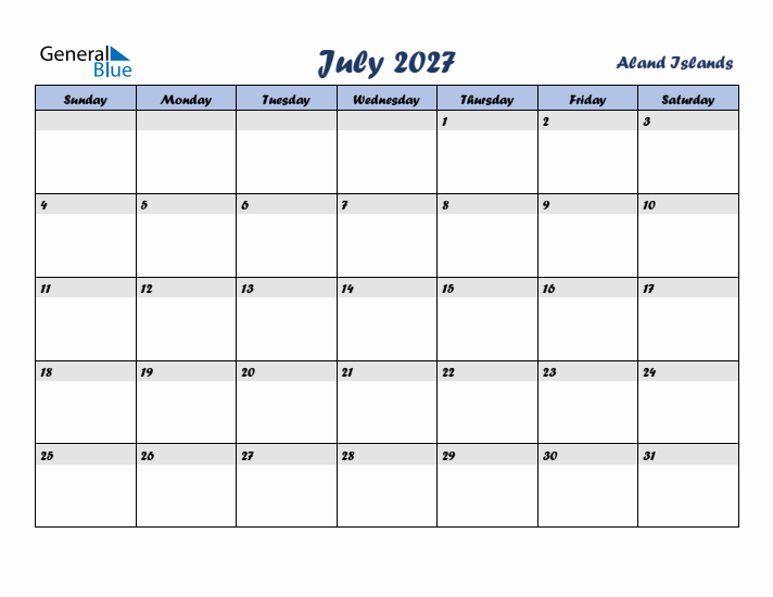 July 2027 Calendar with Holidays in Aland Islands