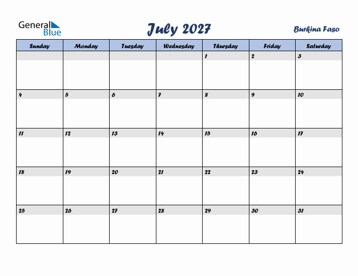 July 2027 Calendar with Holidays in Burkina Faso