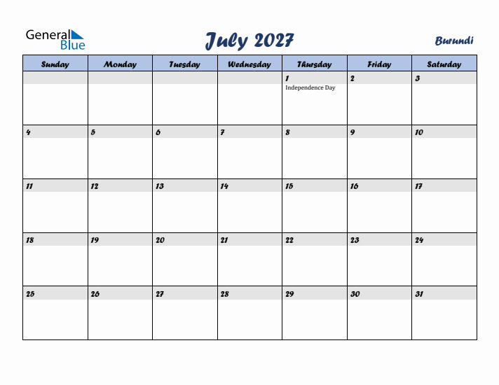 July 2027 Calendar with Holidays in Burundi
