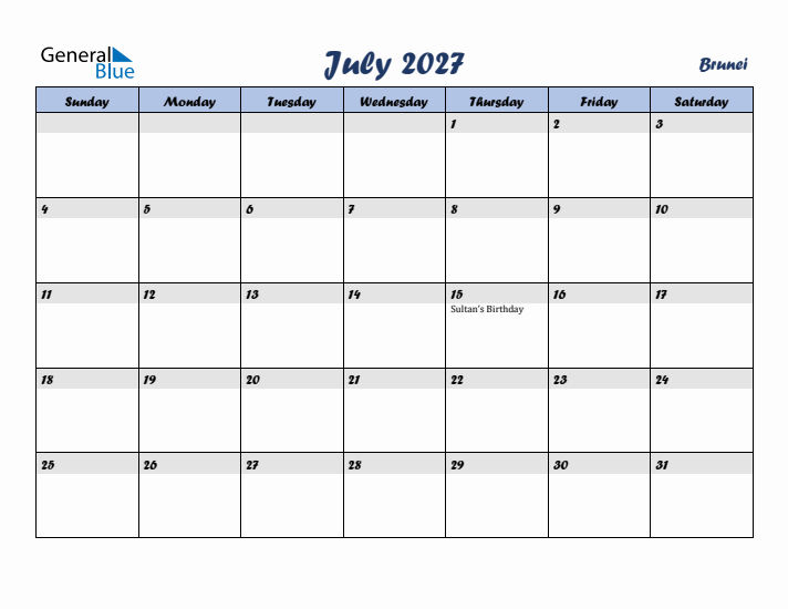 July 2027 Calendar with Holidays in Brunei