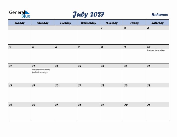 July 2027 Calendar with Holidays in Bahamas