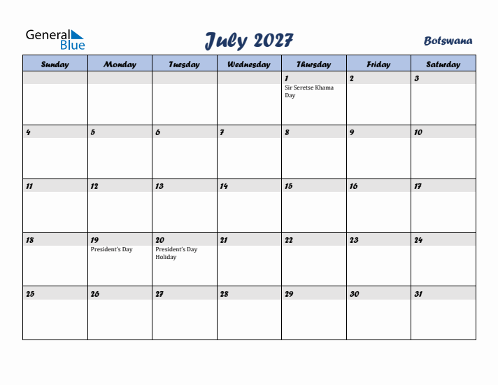 July 2027 Calendar with Holidays in Botswana