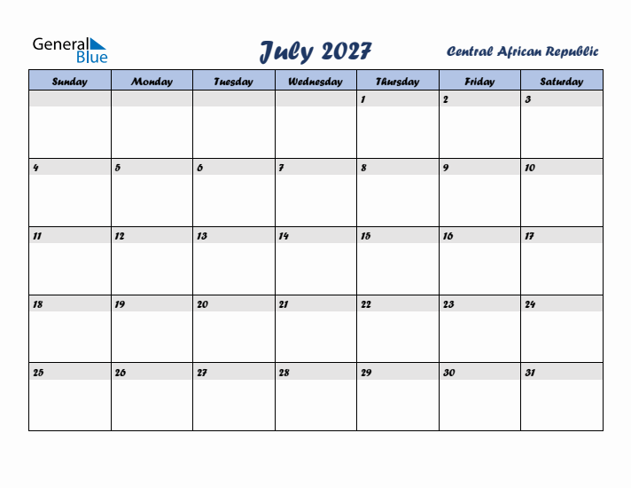 July 2027 Calendar with Holidays in Central African Republic