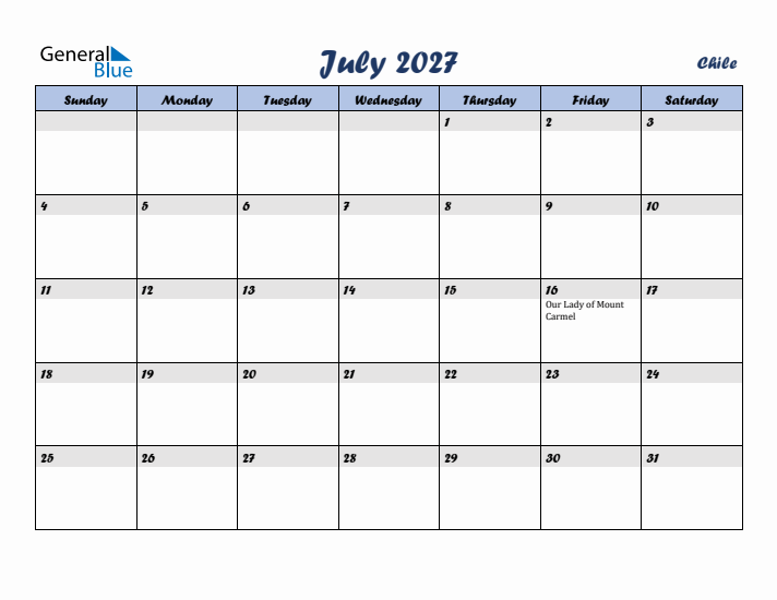 July 2027 Calendar with Holidays in Chile