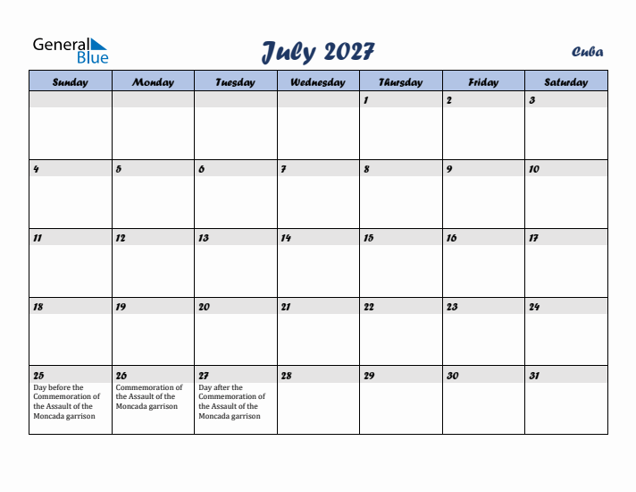 July 2027 Calendar with Holidays in Cuba