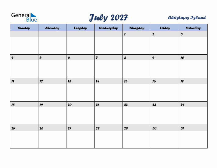 July 2027 Calendar with Holidays in Christmas Island