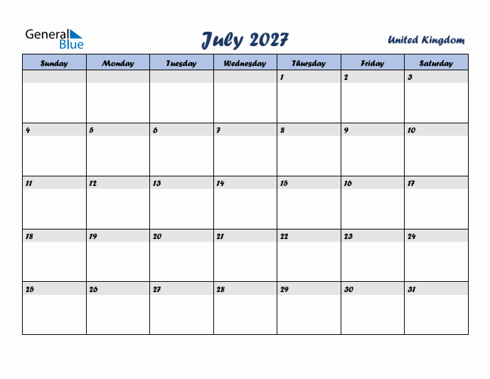 July 2027 Calendar with Holidays in United Kingdom
