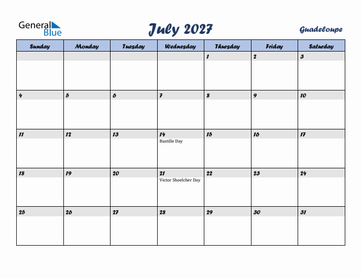 July 2027 Calendar with Holidays in Guadeloupe