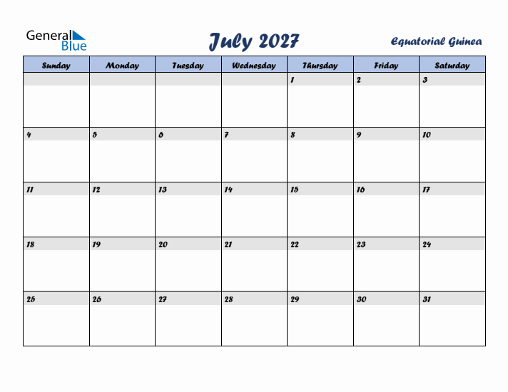 July 2027 Calendar with Holidays in Equatorial Guinea