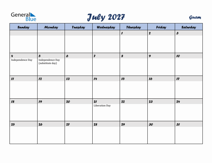 July 2027 Calendar with Holidays in Guam