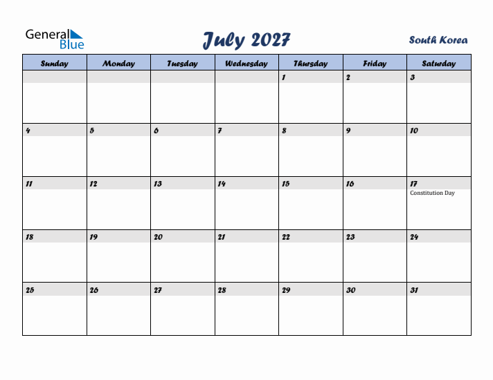 July 2027 Calendar with Holidays in South Korea
