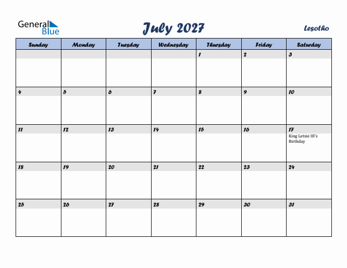 July 2027 Calendar with Holidays in Lesotho