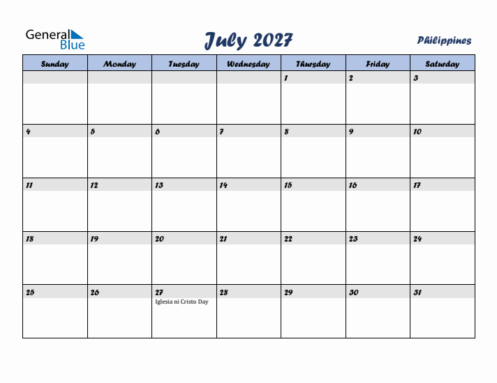 July 2027 Calendar with Holidays in Philippines