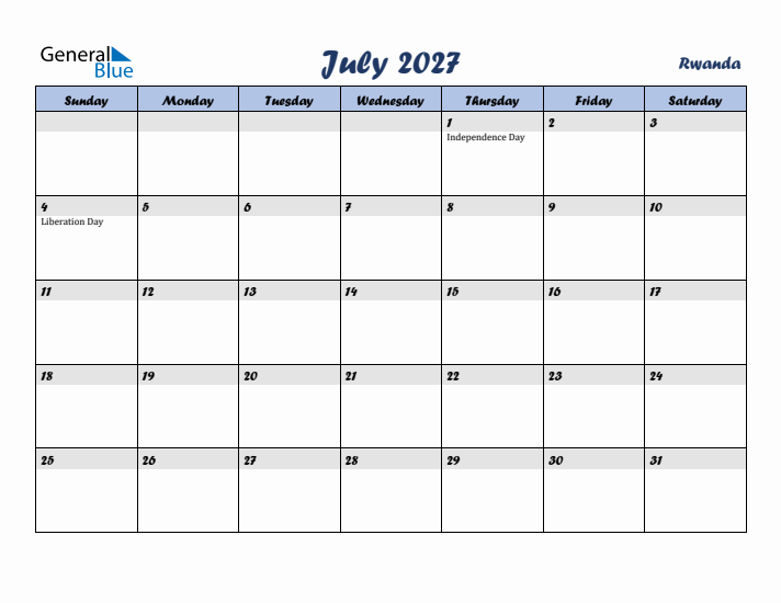 July 2027 Calendar with Holidays in Rwanda