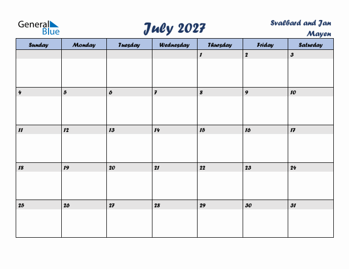 July 2027 Calendar with Holidays in Svalbard and Jan Mayen