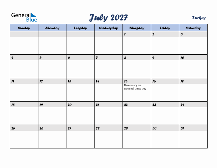July 2027 Calendar with Holidays in Turkey