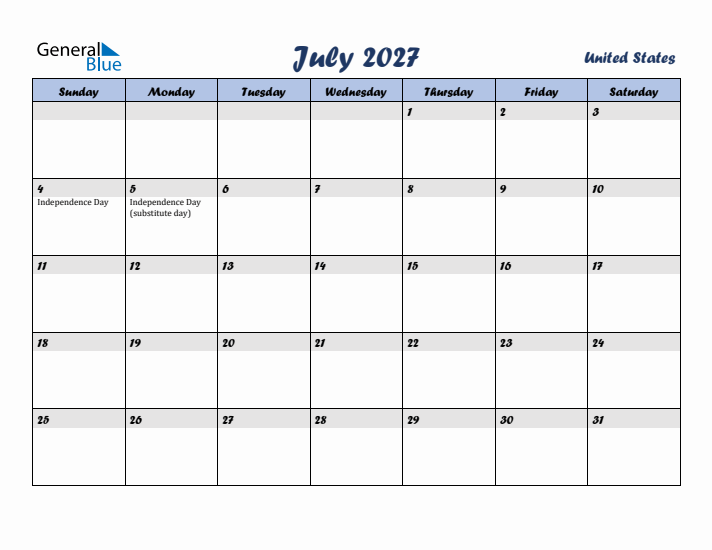 July 2027 Calendar with Holidays in United States
