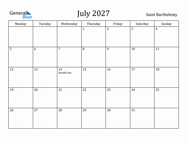July 2027 Calendar Saint Barthelemy