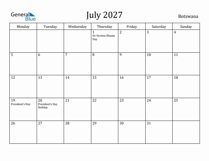 July 2027 Calendar Botswana