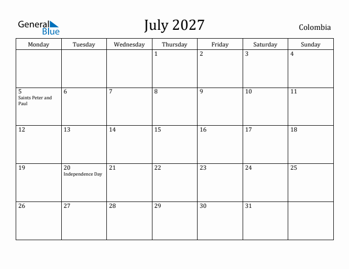 July 2027 Calendar Colombia