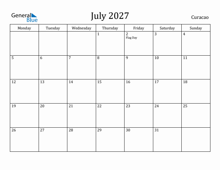 July 2027 Calendar Curacao